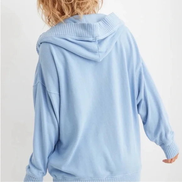 Aerie Soft Blue Knit Hoodie V-Neck Oversized - Picture 7 of 11